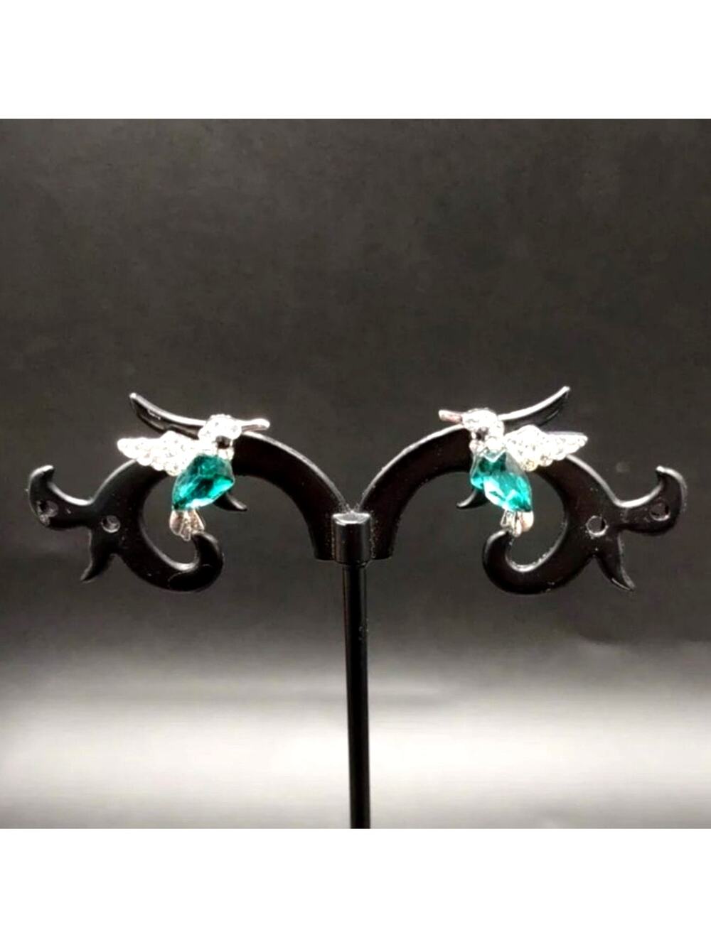 Dainty 925 Silver Plated Earrings Hummingbird CZ Green Emerald Women's Boho Gift